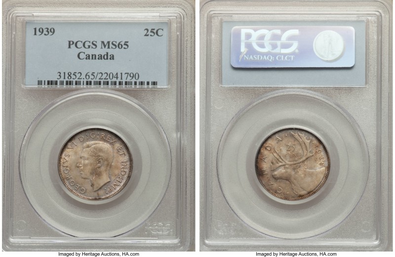 George VI 25 Cents 1939 MS65 PCGS, Royal Canadian mint, KM35. A veritable gem, t...