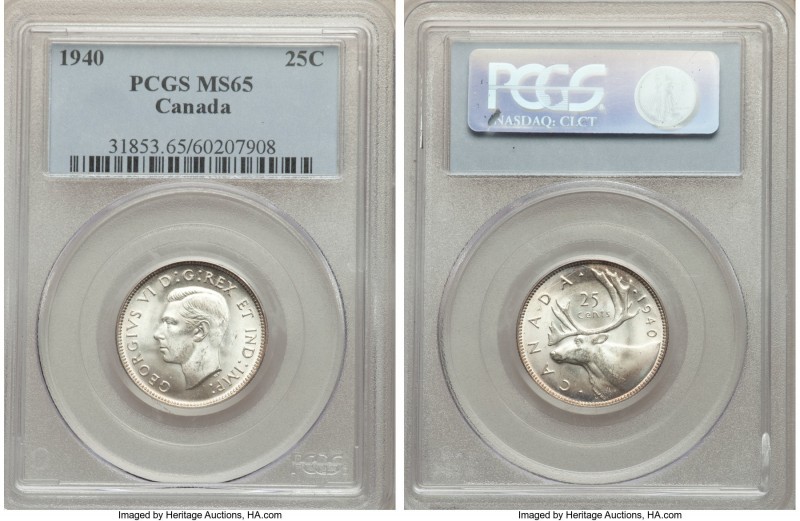 George VI 25 Cents 1940 MS65 PCGS, Royal Canadian mint, KM35. A tinge of periphe...