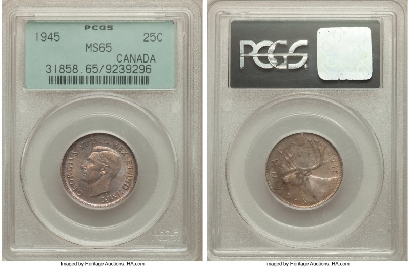 George VI 25 Cents 1945 MS65 PCGS, Royal Canadian mint, KM35. Expressing hazel-g...
