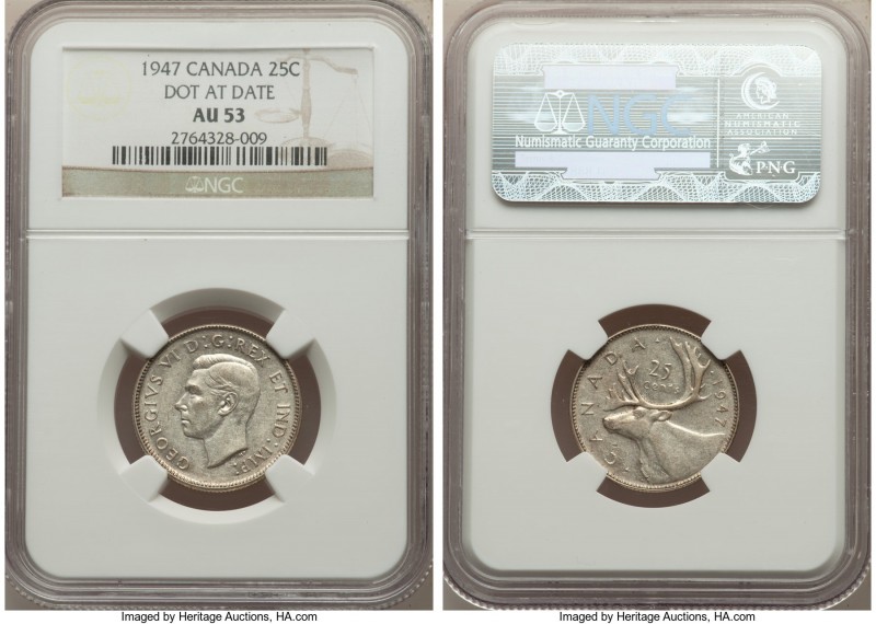 George VI "Dot After Date" 25 Cents 1947 AU53 NGC, Royal Canadian mint, KM35. Do...