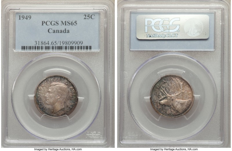 George VI 25 Cents 1949 MS65 PCGS, Royal Canadian mint, KM44. A sublime jewel wi...