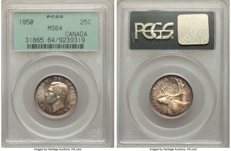 George VI 25 Cents 1950 MS64 PCGS, Royal Canadian mint, KM44. Beautifully toned ...