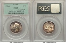 George VI 25 Cents 1950 MS64 PCGS, Royal Canadian mint, KM44. Beautifully toned with darkened teal at the edges and golden-mauve centers. An original,...
