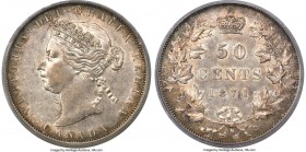 Victoria 50 Cents 1871 AU53 PCGS, London mint, KM6. Variety with no mintmark. Lightly toned with a sterling depiction of the queen. Seldom encountered...