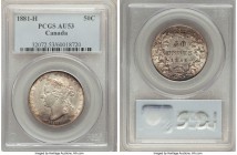 Victoria 50 Cents 1881-H AU53 PCGS, Heaton mint, KM6. Mostly dove gray in appearance, with plum colored accents near the bottom of the Queen's portrai...