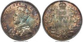 George V 50 Cents 1911 MS63 PCGS, Ottawa mint, KM19. The 'Godless' one-year type that omits 'DEI GRA' from the obverse legend. Beautifully toned surfa...