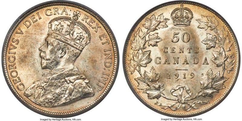 George V 50 Cents 1919 MS64 PCGS, Ottawa mint, KM25. Crisp, blush-colored tone e...