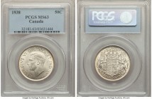 George VI 50 Cents 1938 MS63 PCGS, Royal Canadian mint, KM36. Choice for the grade, with frosted surfaces that host impeccably struck designs, few ins...