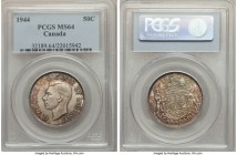 George VI 50 Cents 1944 MS64 PCGS, Royal Canadian mint, KM36. Attractively toned with rainbow hues, this bold example contains light wisps and several...