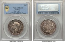 George VI "Curved 7" 50 Cents 1947 MS64 PCGS, Royal Canadian mint, KM36. Curved 7 variety. A dramatically toned offering with lilac-infused surfaces a...