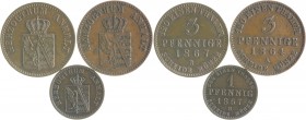 Anhalt - Dessau Leopold Friedrich 1817-1871 Lot o.J. von 3 Stücken: 1 Pfennig 1867 B, 3 Pfennig 1864 A und 1867 B AKS 33, 34. Jg. 67, 68. Mann 932, 93...