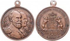 Anhalt - Dessau Friedrich I. 1871-1904 Bronzemedaille 1896 (unsign.) auf sein 25-jähriges Regierungsjubiläum Mann 993 (Messing). 
m. Orig.Öse 30,0mm ...