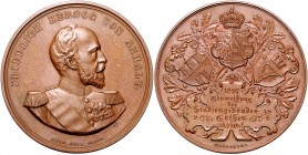 Anhalt - Köthen Friedrich I. 1871-1904 Bronzemedaille 1897 (v. Held) auf die Einweihung des Studiengebäudes zu Cöthen Mann 538 (Au). 
50,5mm 64,2g vz...