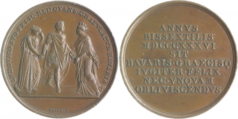 Bayern Ludwig I. 1825-1848 Bronzemedaille 1836 (v. Neuss) auf seine Rückkehr nac...
