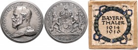Bayern Ludwig III. 1913-1918 Steckmedaille 1916 Silber? (keine Punze) sog. 'Bayernthaler' (v. R. Klein), mit kompletten 30 kolorierten Papiereinlagen ...
