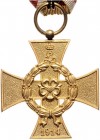 Lippe - Detmold Leopold IV. 1905-1918 Kriegsverdienstkreuz 1914 an weiß-rot-gelbem Original-Kämpfer-Dreiecksband OEK 1190. 
41,1x41,1mm 20,4g vz