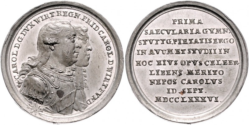 Württemberg Karl Eugen 1744-1793 Zinnmedaille 1786 auf die 100-Jahrfeier des Stu...