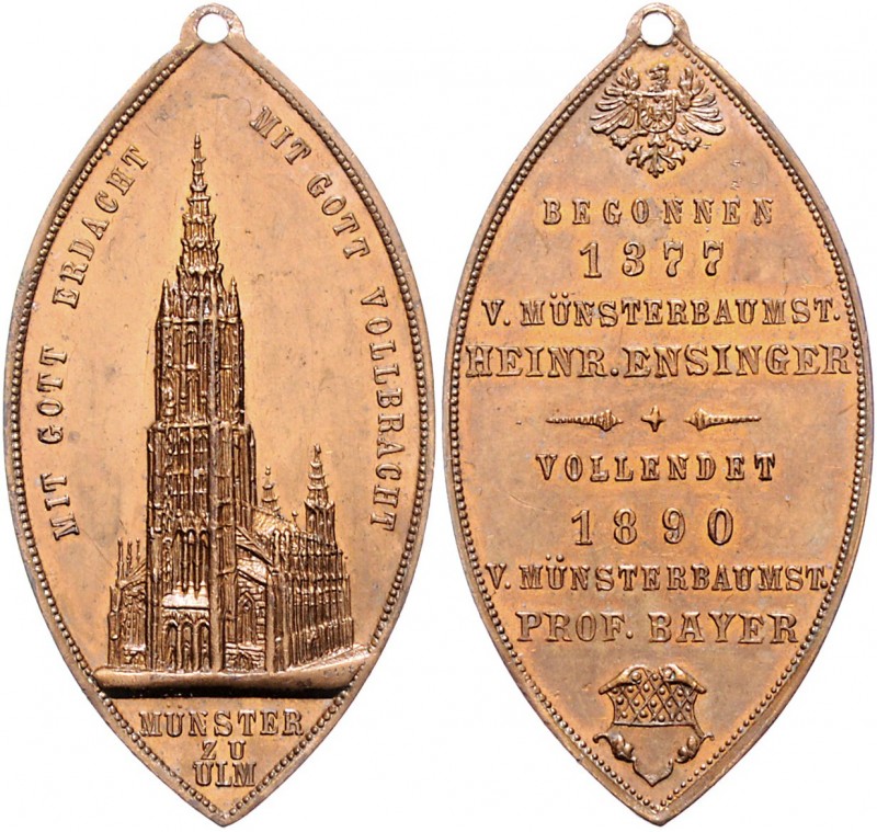 Württemberg - Ulm Bronzemedaille 1890 spitzoval (v. Schwerdt) auf die Vollendung...