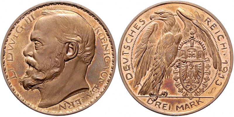 Bayern Ludwig III. 1913-1918 3 Mark 1913 o.Mzz. Probeprägung in Bronze von Karl ...