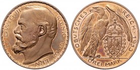 Bayern Ludwig III. 1913-1918 3 Mark 1913 o.Mzz. Probeprägung in Bronze von Karl Goetz J. zu 52. Schaaf 52 G1. 
glatter Rand, 11,84g, winz.Rf. PP-