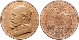Bayern Ludwig III. 1913-1918 5 Mark 1913 o.Mzz. Probeprägung in Bronze von Karl Goetz J. zu 53. Schaaf 53 G1. 
glatter Rand, 20,47g PP-