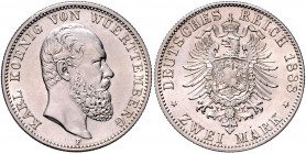 Württemberg Karl I. 1864-1891 2 Mark 1888 F J. 172. 
sehr selten in dieser Erhaltung f.st