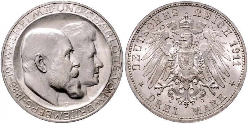 Württemberg Wilhelm II. 1891-1918 3 Mark 1911 F Zur Silbernen Hochzeit. Der Quer...