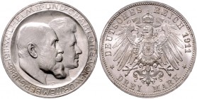 Württemberg Wilhelm II. 1891-1918 3 Mark 1911 F Zur Silbernen Hochzeit. Der Querstrich im H von CHARLOTTE liegt deutlich über der Mitte, die Ziffern 6...