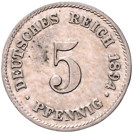 Kaiserreich Kleinmünzen 5 Pfennig 1894 einseitiger Abschlag der Wertseite auf dü...