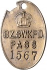 Deutsch-Südwestafrika Passmarke o.J. BZ. SWKPD. PASS mit eingestanzter Nr. 1567 
gelocht, neben Lochung kl. Ausbruch 35x52mm 13,9g ss-vz