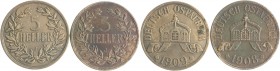 Deutsch-Ostafrika Lot o.J. von 2 Stücken: 5 Heller 1908 J und 1909 J J. 717. 
 ss+ und ss