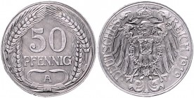 Weimarer Republik 50 Pfennig 1919 A Gestaltungsprobe auf Aluminiumschrötling, Randschrift Arabesken. Adlerseite wie J. 18 J. zu301. Schaaf 301G1. 
1,...