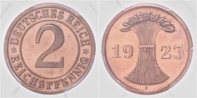 Weimarer Republik 2 Reichspfennig 1923 F Offiziell nicht geprägter Jahrgang, es kommen nur sehr wenige Exemplare vor. Probe oder Stempelverwechslung (...