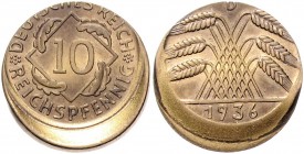 Weimarer Republik 10 Reichspfennig 1936 D Dezentriert, 20% verprägt J. 317. 
 vz
