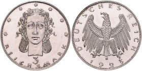 Weimarer Republik 3 Reichsmark 1925 E Motivprobe mit Mädchenkopf, geprägt auf Silberschrötling mit glattem Rand J. zu320. Schaaf vgl. 320aG4. Beckenb....