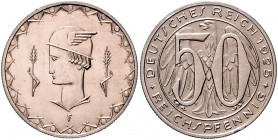 Weimarer Republik 50 Reichspfennig 1925 F Probe in Kupfer-Nickel J. 324. Schaaf 324G6. 
Riffelrand, 5,08g st-