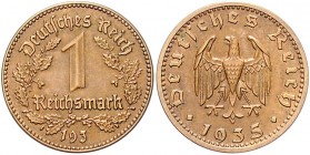 Drittes Reich 1 Reichsmark o.J. Probe Stempelkopplung aus Wertseite von J. 354 Jahr 193_, Rückseite von J. 368 Jahr 1935. Kupfer/Bronze, glatter Rand....