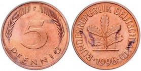 Bundesrepublik Deutschland 5 Pfennig 1996 F Fehlprägung, kupferplattiert statt messingplattiert J. 382. 
 vz+