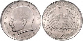 Bundesrepublik Deutschland 2 Deutsche Mark 1967 F Max Planck, Fehlprägung, ca. 20 % dezentriert J. 392. 
 vz-st