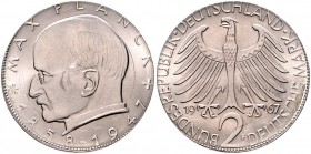 Bundesrepublik Deutschland 2 Deutsche Mark 1967 F Max Planck, Fehlprägung, auf artfremder Ronde, ohne Randschrift, nur 4,53g J. 392. 
 vz-st
