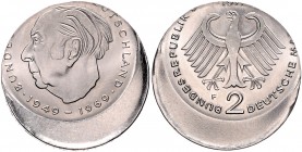Bundesrepublik Deutschland 2 Deutsche Mark 1971 F Theodor Heuss, Fehlprägung, stark dezentriert J. 407. 
 f.st