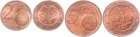 Bundesrepublik Deutschland Lot o.J. von 2 Fehlprägungen: 2 Cent 2018 D auf 1 Cent-Schrötling, Rand glatt und 5 Cent 2005 D auf 2 Cent-Schrötling, Rand...