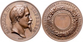 Frankreich Napoléon III. 1852-1871 Kupfermedaille 1865 (v. Barre) auf die Landwirtschaftsausstellung in Besancon, i.Rd: Biene CUIVRE 
50,9mm 59,4g f....