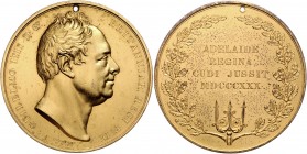 Großbritannien William IV. 1830-1837 Bronzemedaille 1830 vergoldet (v. W. Wyon) auf seinen Regierungsantritt Eimer 1220. BHM 1414. 
gelocht, 68,0mm 1...