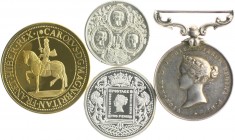 Großbritannien Victoria 1837-1901 Lot o.J. von 4 Stücken: Zinnmedaille 1850 auf ihre Kinder (kl. Rf.,26,8mm 5,0g), Silbermedaille 1847 (graviert) Ausz...