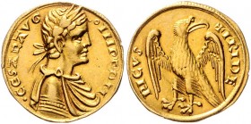 Italien - Sizilien Frederico II. 1197-1250 Augustalis o.J. Messina schönes Portrait Friedb. 134 (dort unter Brindisi). 
kl. Prüfspur im Rd. f.vz
