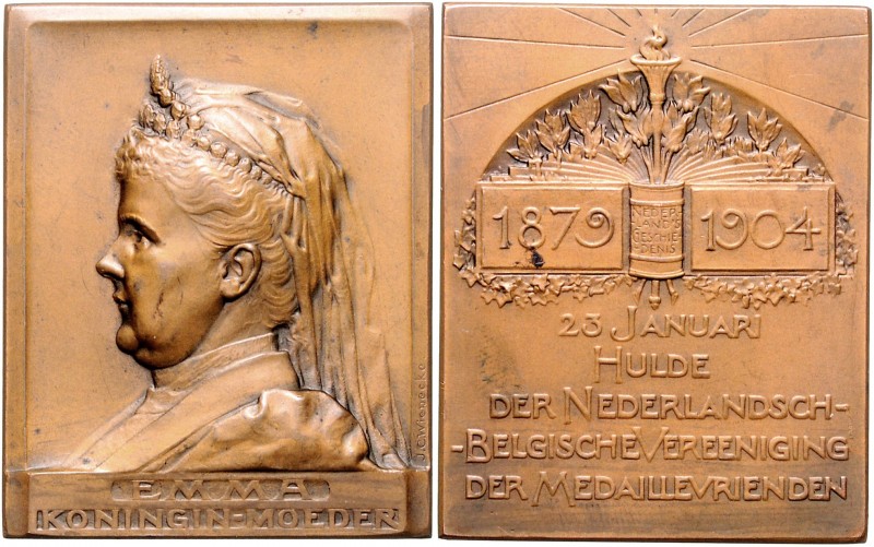 Niederlande Wilhelmina 1890-1948 Bronze-Plakette 1904 (v. Wienecke) auf die Köni...