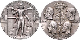 Schweden Gustav V. 1907-1950 Lot o.J. von 2 Stücken: Silbermedaille 1950 (v. Leo Holmgren) auf 100 Jahre Kgl. Münzstätte Kungsholmen, 6 Punzen (33,0mm...