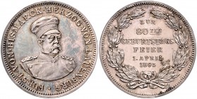 - Personen - Bismarck, Otto von 1815-1898 Silbermedaille 1895 (v. Lauer, unsign.) auf seinen 80. Geburtstag, i. Rd: 0,900 Bennert 466. Slg. Bö. 5343. ...