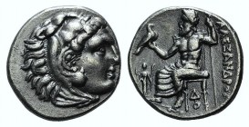 Kings of Macedon, Alexander III ‘the Great’ (336-323 BC). AR Drachm (17mm, 4.12g, 6h). Lampsakos, c. 328/5-323 BC. Head of Herakles r., wearing lion s...